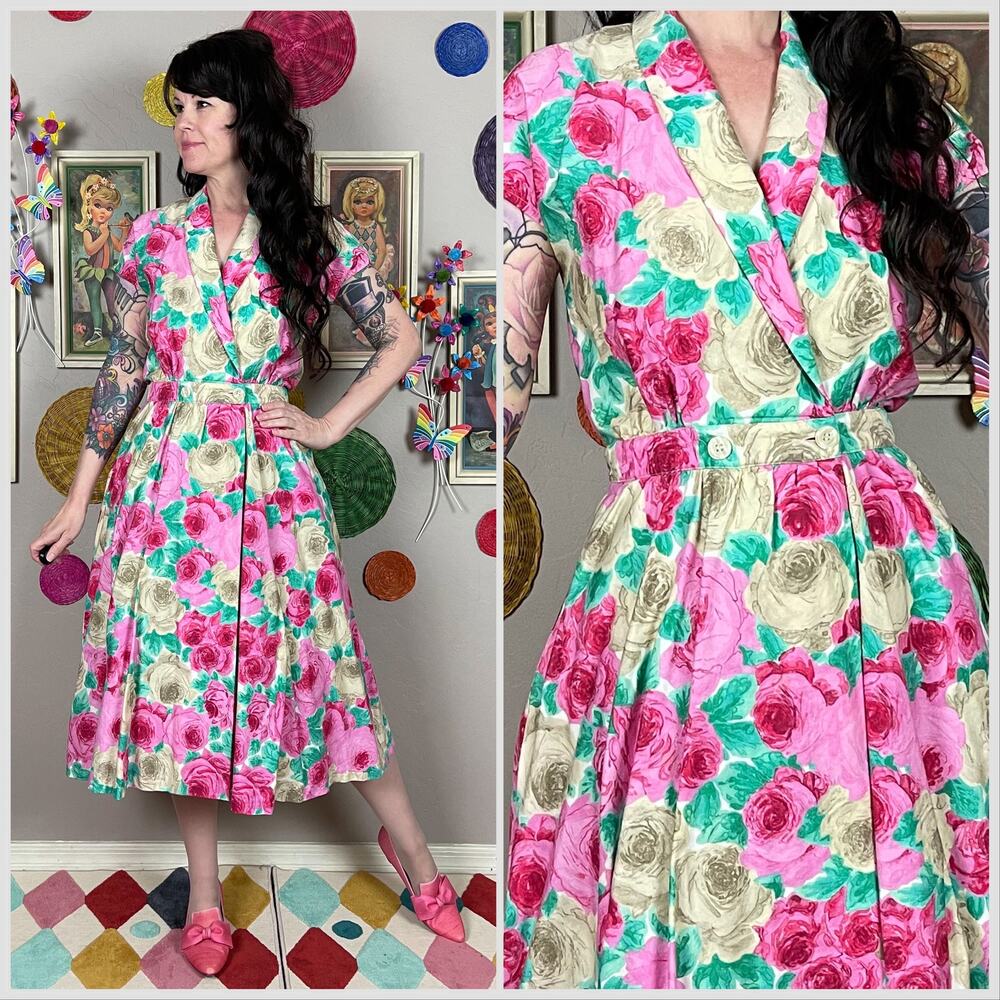 Vintage 1970s Pink and Cream Floral Short Sleeve Wrap Dress